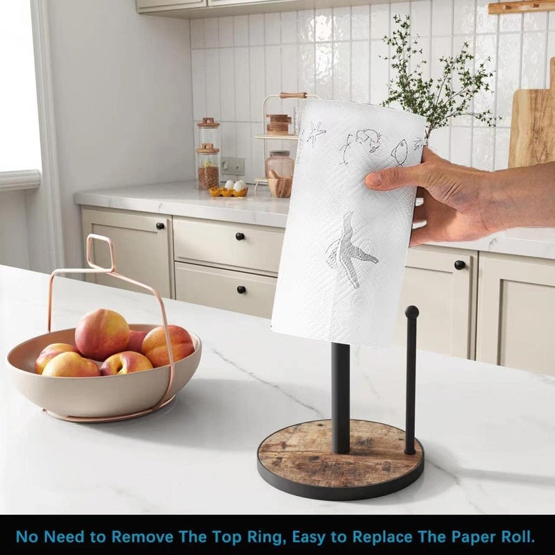 OROPY Paper Towel Holder Countertop with Heavy Duty Wood Base, Farmhouse Paper Towel Roll Stand for Kitchen Counter fits Standard and Jumbo Size Paper Towels (Brown - Easy to Tear) - Image 1